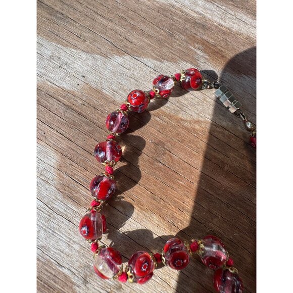 Vintage Red Murano Glass Bead Necklace With Floral Accents and Brass Spacers - Picture 5 of 6